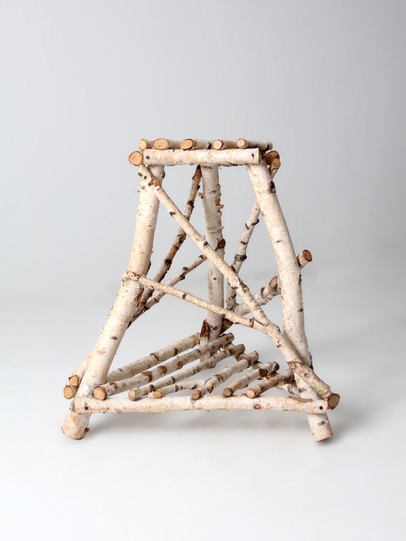 Birch Branch Folk Art Accent Table 29 inch Tall: Birch Branch Folk Art Accent Table 29 inch Tall This vintage plant stand or end table is handcrafted from natural birch branches, showcasing an airy twig construction and an Adirondack-inspired silhou