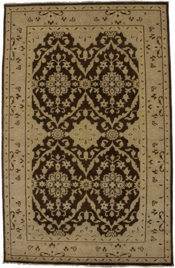 Hand-Knotted Wool Rug 5'7 x 8'9 Floral Transitional Design: Hand-Knotted Wool Rug 5'7 x 8'9 Floral Transitional Design This handmade transitional area rug features a floral design in brown and beige tones. Crafted from wool using a hand-knotted technique, it o