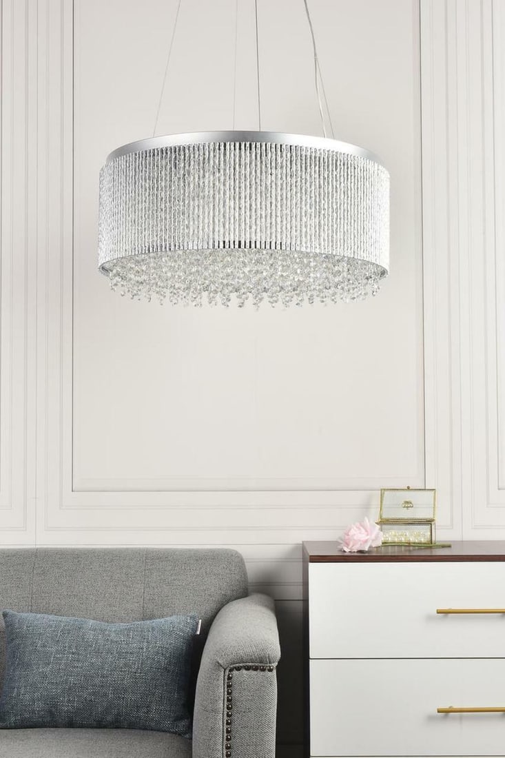 14-Light Chrome Crystal Chandelier 24 Inch Influx: 14-Light Chrome Crystal Chandelier 24 Inch Influx This modern 14-light chandelier features a polished chrome or silver frame adorned with Royal Cut crystals, creating a sophisticated centerpiece for a