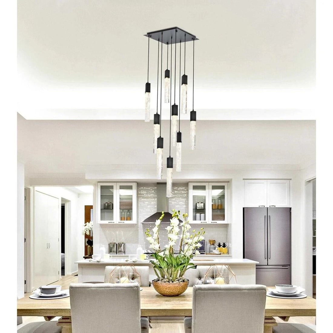Aurora Black Crystal Pendant Chandelier 9 Light Adjustable Height: Aurora Black Crystal Pendant Chandelier 9 Light Adjustable Height This modern crystal chandelier pendant features a sleek black finish and a rectangular design, making it a stylish addition to living 