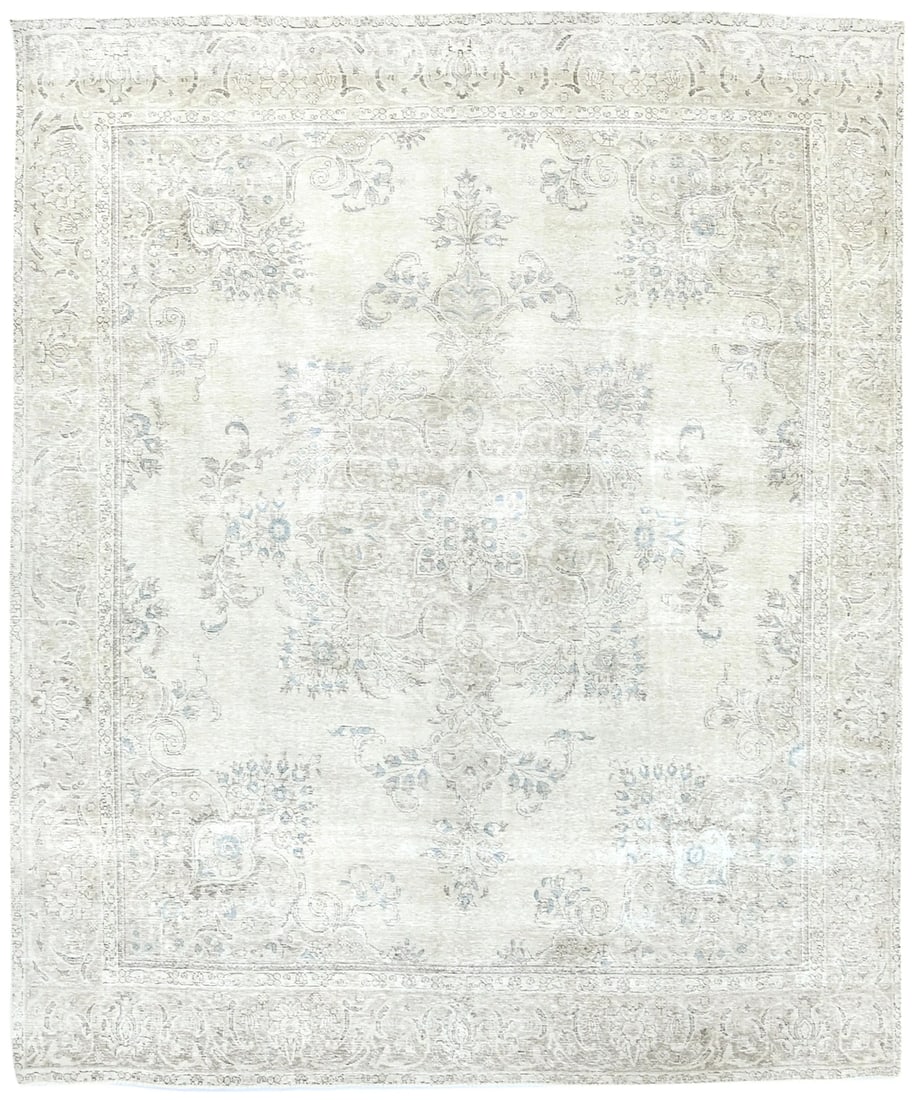 Vintage Hand-Knotted Floral Medallion Wool Area Rug 9'10 x 11'6: Vintage Hand-Knotted Floral Medallion Wool Area Rug 9'10 x 11'6 This gorgeous Antique Distressed Floral Medallion Rug features a muted color palette, including cream, beige, and brown, making it a ver