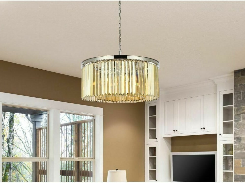 8-Light Crystal Chandelier with Golden Teak and Nickel Finish: 8-Light Crystal Chandelier with Golden Teak and Nickel Finish This modern chandelier features a polished nickel frame adorned with high-quality Royal Cut golden teak crystals, creating a luxurious and