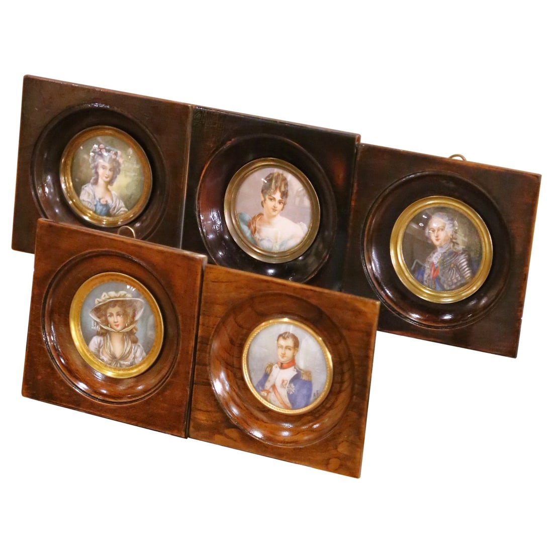 Set of Five French Walnut Framed Hand-Colored Royal Portrait Medallions c1870 (1 of 18)
