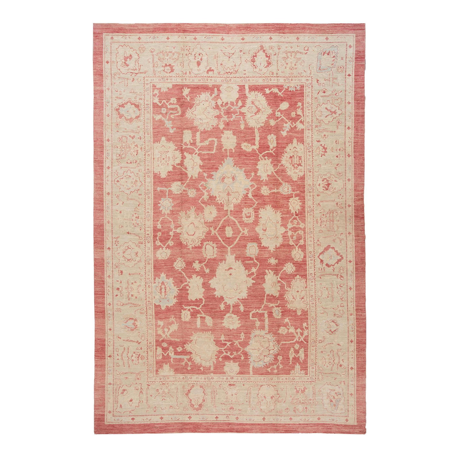 Handmade Turkish Oushak Floral Wool Rug 11'9 x 17'10: Handmade Turkish Oushak Floral Wool Rug 11'9 x 17'10 Discover the elegance of this Modern Turkish hand-knotted wool rug, featuring a vibrant red field adorned with a beautifully designed blue frame an