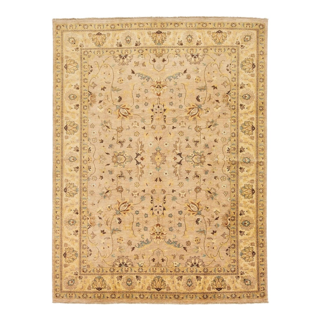 Hand Knotted Beige Wool Oushak Rug 9'1 x 12' Floral Medallion: Hand Knotted Beige Wool Oushak Rug 9'1 x 12' Floral Medallion This handmade modern Oushak rug is expertly hand-knotted from soft wool and features a refined floral and vine design with a central medal
