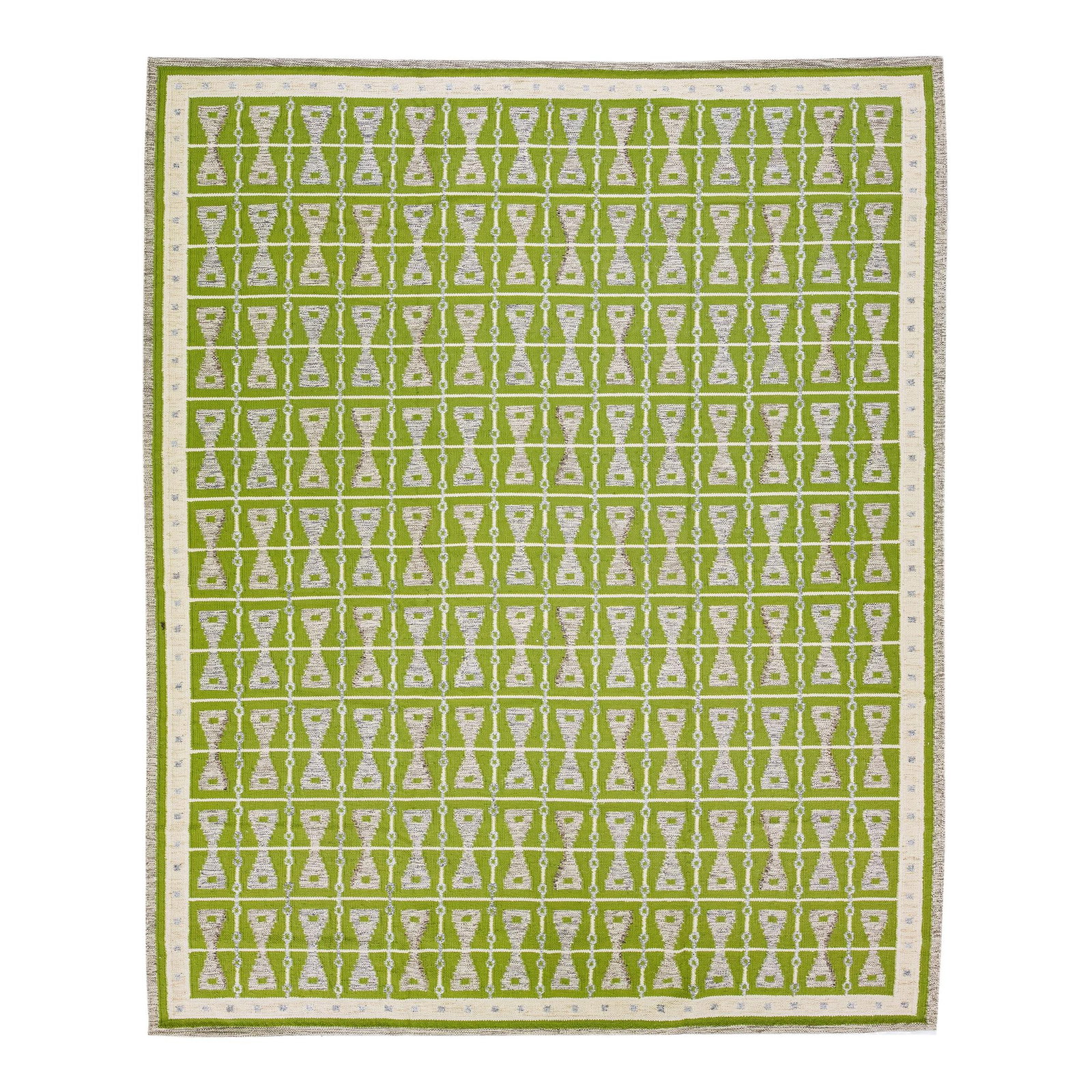 Oversized Green Wool Rug Swedish Style Geometric Design 12'4 x 15': Oversized Green Wool Rug Swedish Style Geometric Design 12'4 x 15' Transform your space with this stunning modern Swedish-style handmade wool rug. Featuring a vibrant green field complemented by gray 