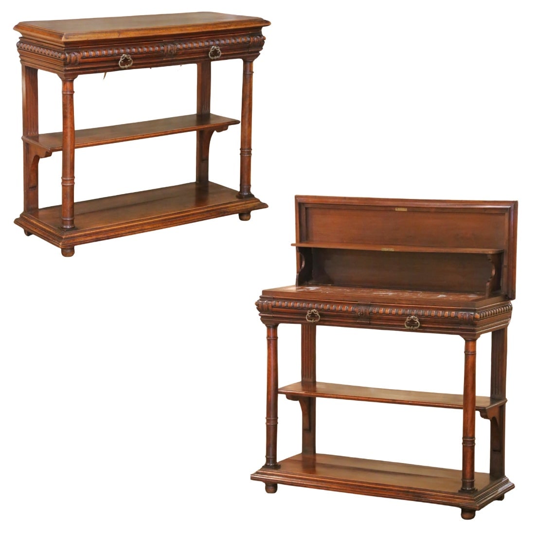 French Henri II Walnut Console with Lift Top Marble Interior (1 of 17)