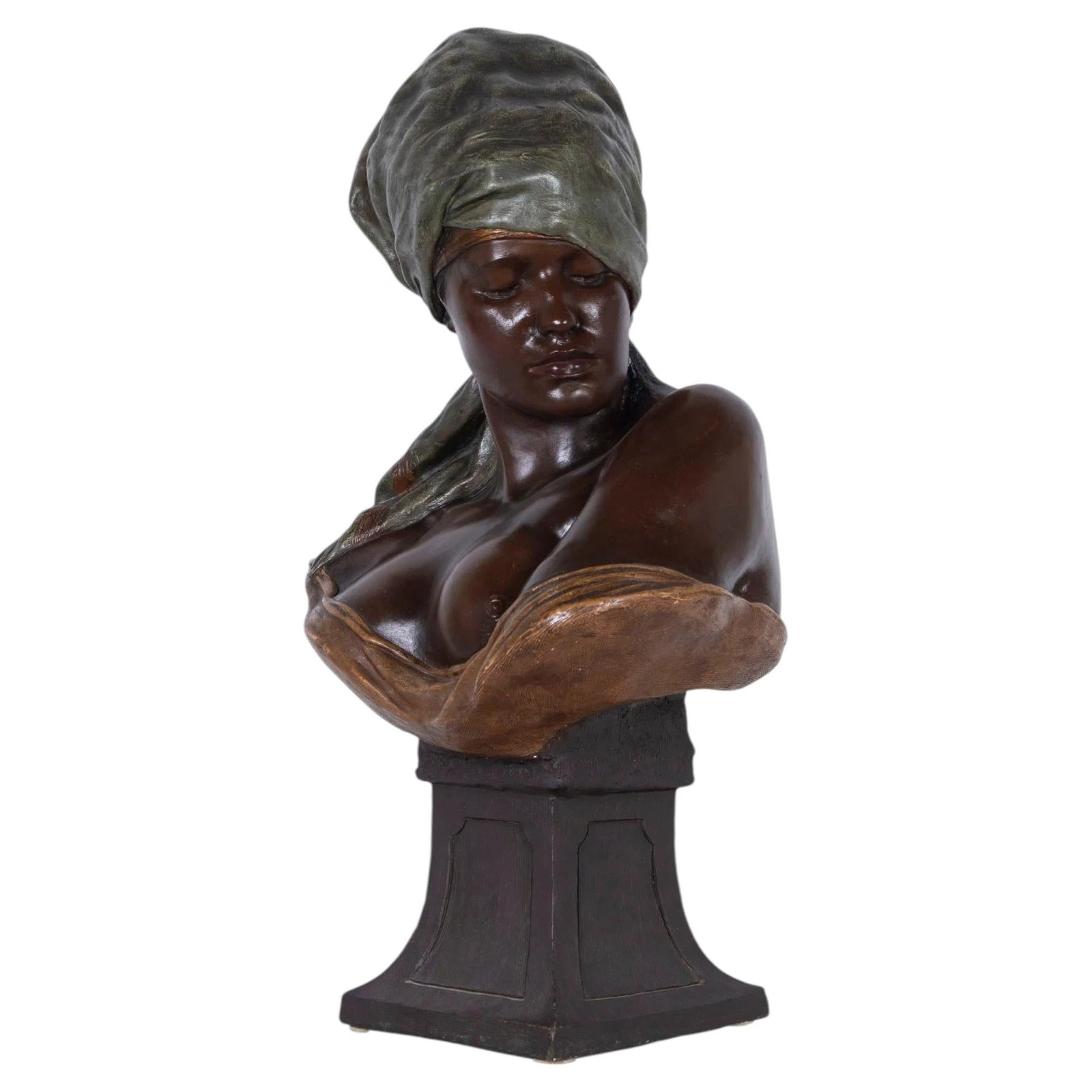 Polychrome Terracotta Female Bust Attributed to Friedrich Goldscheider: Polychrome Terracotta Female Bust Attributed to Friedrich Goldscheider Antique polychrome terracotta bust of a Nubian woman in a turban, created in the Orientalist style and attributed to the French s