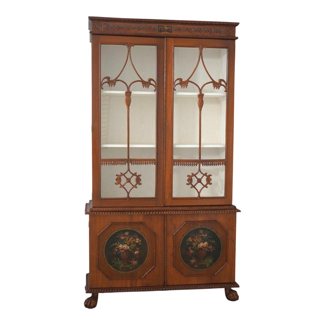 Vintage Chippendale Adams Style Display Cabinet with Hand Painted Floral Panels: Vintage Chippendale Adams Style Display Cabinet with Hand Painted Floral Panels This exquisite Vintage Chippendale Adams Style Large Display Cabinet showcases timeless craftsmanship and elegance. Appr