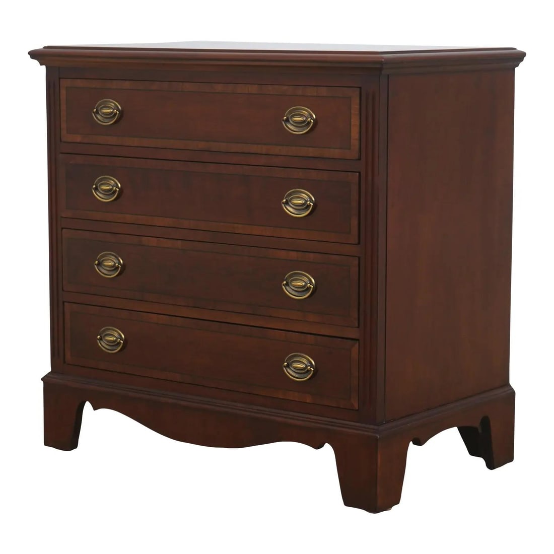 Palmer Home Collection 4 Drawer Mahogany Nightstand with Inlay: Palmer Home Collection 4 Drawer Mahogany Nightstand with Inlay A Lexington cherry inlaid 4 drawer chest nightstand from the Palmer Home Collection, featuring a cherry mahogany finish, bracket feet, do