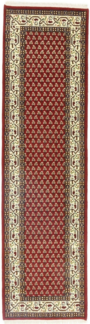 Hand Knotted Wool Floral Runner Rug 2'8 x 9'9 India: Hand Knotted Wool Floral Runner Rug 2'8 x 9'9 India This handmade floral Indo Botemir runner rug features a modern tribal design with a vibrant color palette including red, cream, brown, rusty pink, g