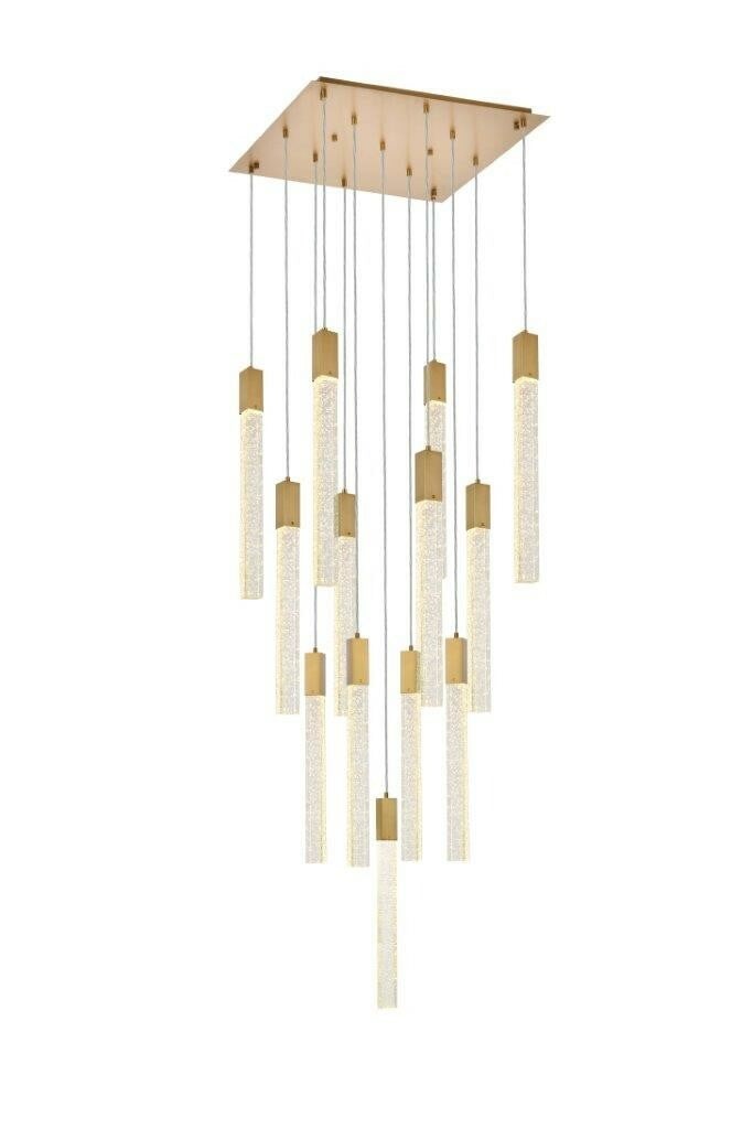 Weston 13 Light Satin Gold Crystal Pendant: Weston 13 Light Satin Gold Crystal Pendant Modern 13-light chandelier with a satin gold finish and clear seeded crystal bar detailing. It is hardwired, height-adjustable, and designed for indoor use w