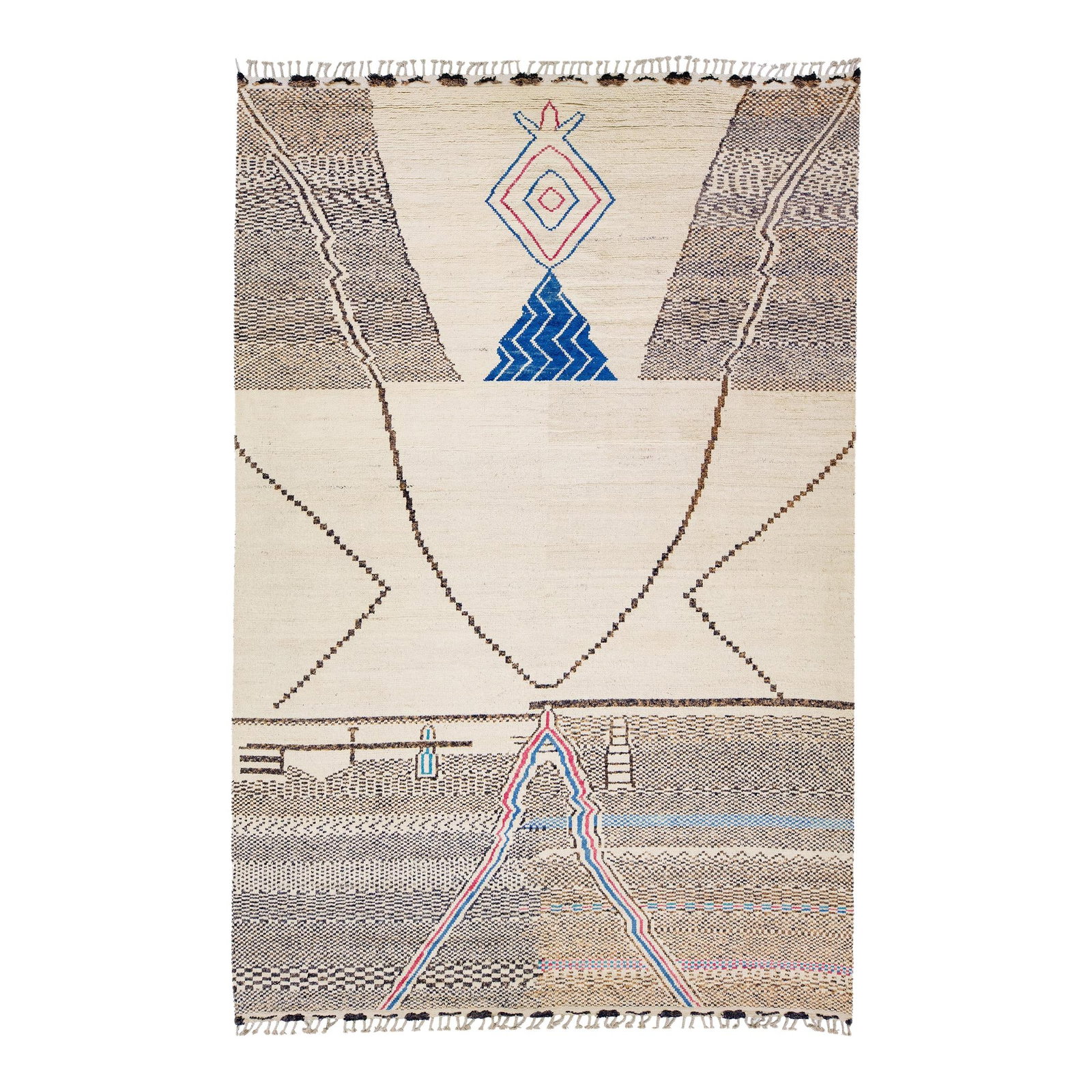 Beige Handmade Wool Moroccan Berber Style Abstract Rug 10' x 14'8: Beige Handmade Wool Moroccan Berber Style Abstract Rug 10' x 14'8 Enhance your living space with this exquisite Moroccan Berber style hand-knotted wool rug. Featuring a warm beige field, the rug showc