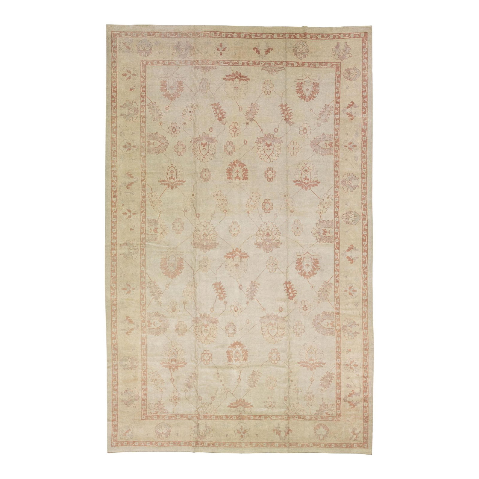 Handmade Beige Wool Turkish Oushak Floral Rug 12' x 19': Handmade Beige Wool Turkish Oushak Floral Rug 12' x 19' Elevate your space with this exquisite modern Turkish hand-knotted wool rug, featuring a serene beige color field. The rug showcases a beautiful