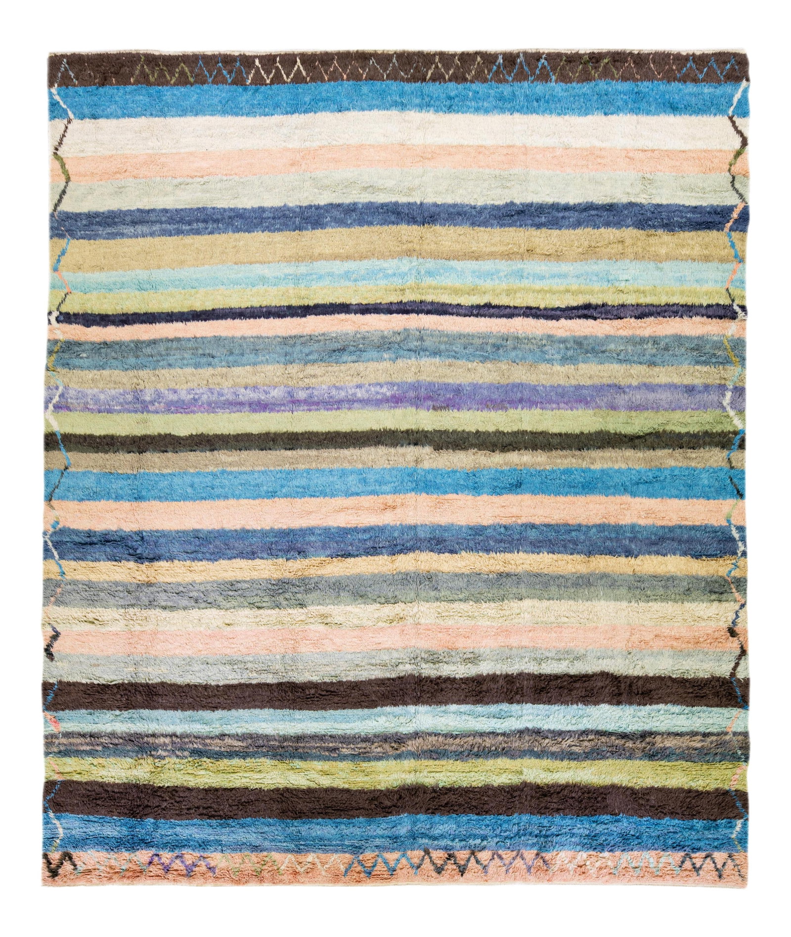 Vibrant Modern Tulu Hand-Knotted Wool Rug 13'1" x 15'4": Vibrant Modern Tulu Hand-Knotted Wool Rug 13'1" x 15'4" This exquisite modern Tulu hand-knotted wool rug features a vibrant multicolor field adorned with a striking all-over striped design, set within