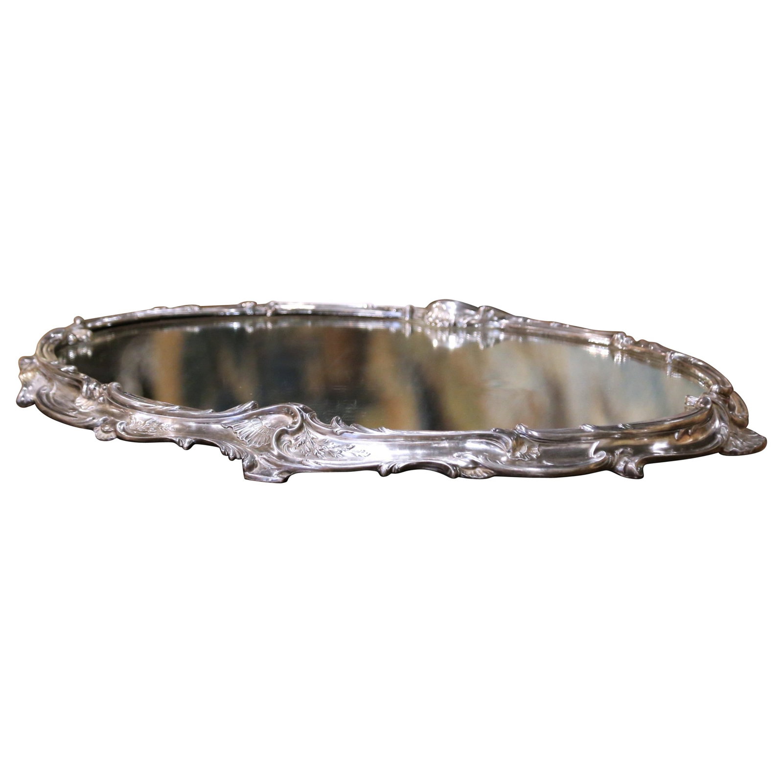 19th Century Louis XV Rococo Silvered Bronze Mirrored Surtout de Table France: 19th Century Louis XV Rococo Silvered Bronze Mirrored Surtout de Table France This exquisite 19th century French Louis XV style "Surtout de table" was crafted circa 1860, showcasing a stunning silvere