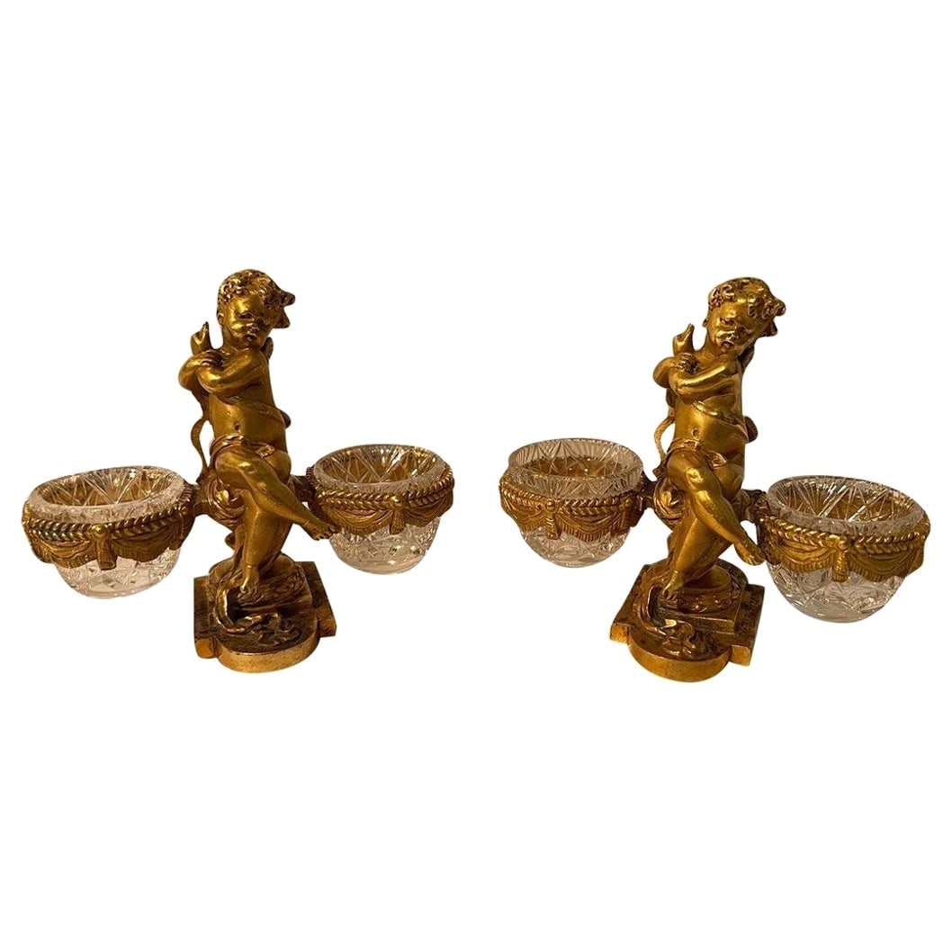 19th Century Baccarat Gilt Bronze Cherub Double Salt Cellars Set of 2: 19th Century Baccarat Gilt Bronze Cherub Double Salt Cellars Set of 2 This exquisite pair of 19th Century Baccarat gilt bronze and crystal double salt cellars exemplifies the artistry of the era. Each