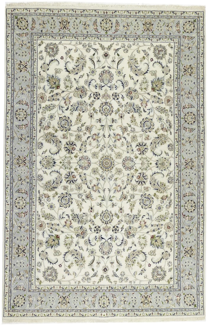 Traditional Handmade Indo-Nain 6'5 x 9'10 Floral Wool Silk Rug: Traditional Handmade Indo-Nain 6'5 x 9'10 Floral Wool Silk Rug Elevate your home decor with this exquisite 6'5" x 9'10" Traditional Handmade Indo-Nain Oriental Rug. Featuring a stunning floral pattern