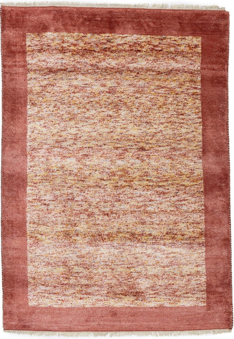 Hand-Knotted Wool Indo-Gabbeh Tribal Border Area Rug 4'6 x 6'5 Modern Maroon: Hand-Knotted Wool Indo-Gabbeh Tribal Border Area Rug 4'6 x 6'5 Modern Maroon This hand-knotted Indo-Gabbeh area rug features a maroon red tribal border pattern with cream and yellow accents. Crafted f