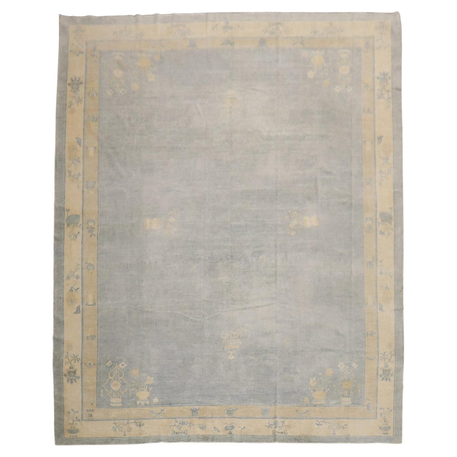 Light Blue Antique Chinese Rug Mid-Century Modern Hand-Woven Wool 110 x 137 in: Light Blue Antique Chinese Rug Mid-Century Modern Hand-Woven Wool 110 x 137 in This exquisite light blue antique Chinese rug features a captivating Mid-Century Modern style, perfect for enhancing your
