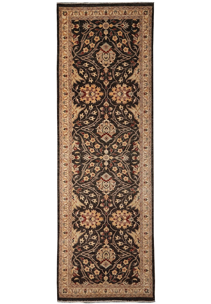 Handmade Ziglar Runner 4 x 11.9 Chocolate Beige Burgundy Ghazni Wool: Handmade Ziglar Runner 4 x 11.9 Chocolate Beige Burgundy Ghazni Wool Free continental US Shipping This 4 x 11.9 handmade Ziglar wide runner is crafted in Pakistan using fine Ghazni wool. The hand-knot
