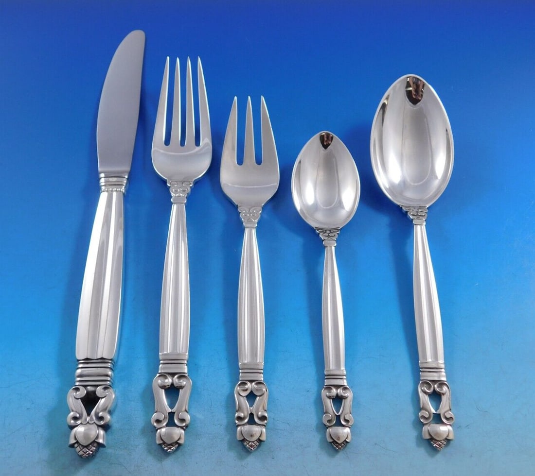 Georg Jensen Acorn sterling silver 63 piece flatware service: Georg Jensen Acorn sterling silver 63 piece flatware service This Georg Jensen Acorn pattern sterling silver dinner flatware set features 63 pieces, designed by Johan Rohde. The set is crafted in Denm