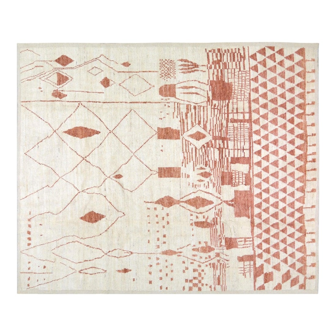 8'3 x 10' Tan Wool Area Rug Hand Knotted Moroccan Design: 8'3 x 10' Tan Wool Area Rug Hand Knotted Moroccan Design This Moroccan hand-knotted wool rug is crafted using traditional techniques, blending classic artistry with a modern design sensibility. Its so