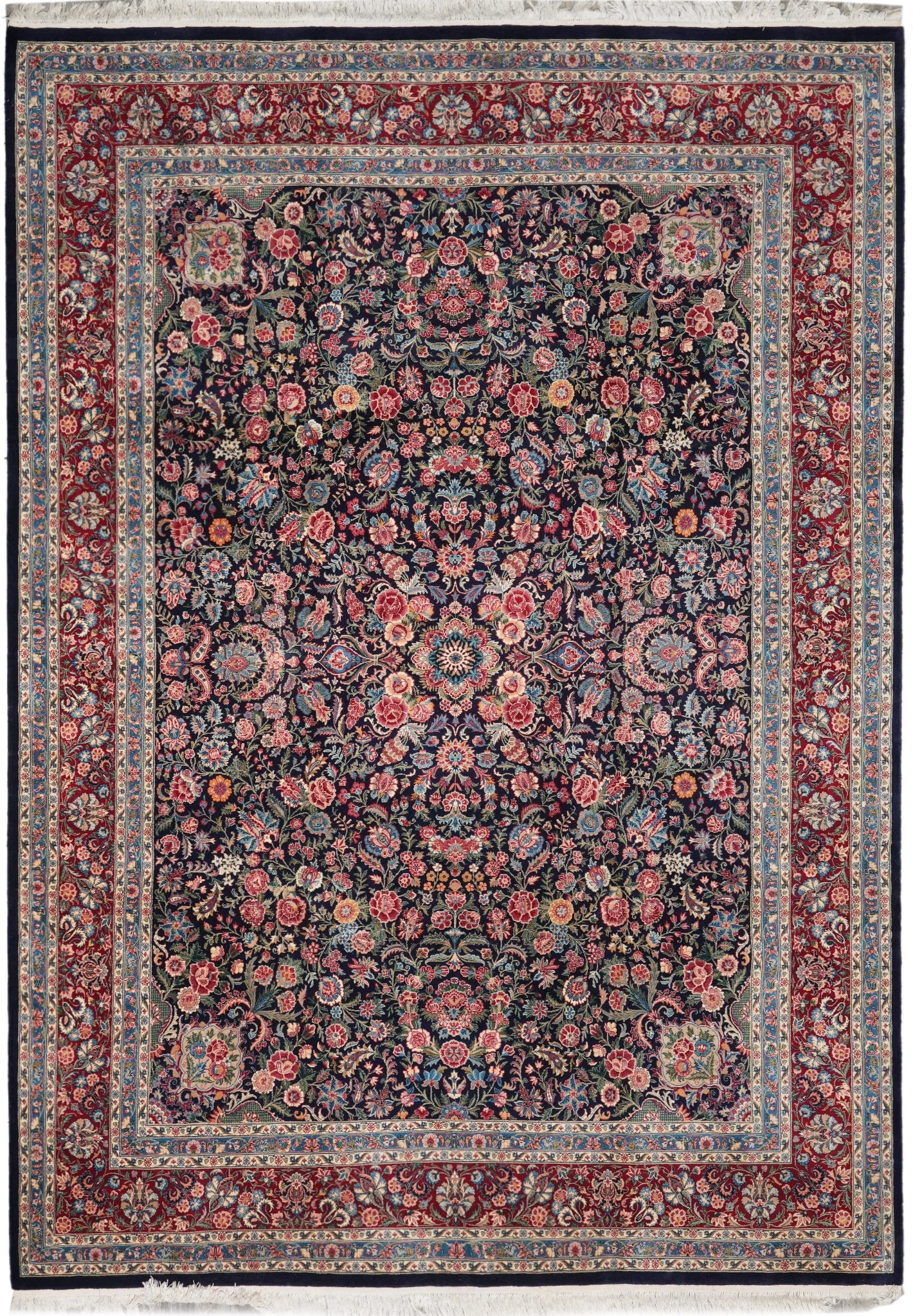 9 x 12.6 Handmade Pakistani Wool Rug Black Multicolor Floral Design: 9 x 12.6 Handmade Pakistani Wool Rug Black Multicolor Floral Design Free continental US Shipping This fine handmade rug features a rich black background adorned with vibrant, multi-colored floral moti