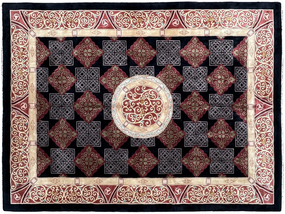 Hand Knotted Black Wool Chinese Art Deco Medallion Rug 9x12: Hand Knotted Black Wool Chinese Art Deco Medallion Rug 9x12 This exceptional vintage Chinese Art Deco rug from the early 20th century features a rich black wool background adorned with repeating red a