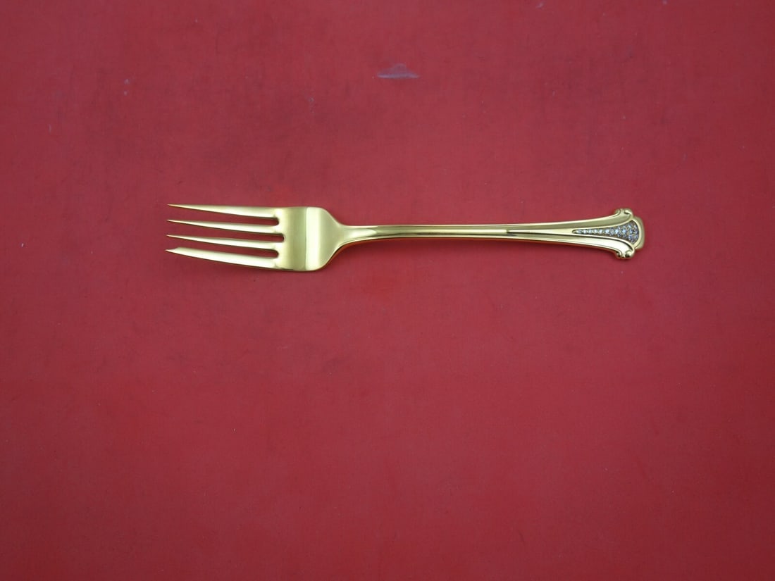 Kirk Adamas Vermeil Gold Sterling Silver Salad Fork with Diamonds 7": Kirk Adamas Vermeil Gold Sterling Silver Salad Fork with Diamonds 7" This exquisite salad fork features the Adamas vermeil pattern by Kirk, crafted from sterling silver and adorned with 0.5 carats of 