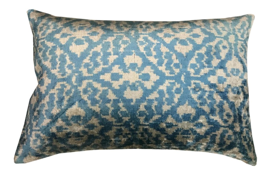 Blue Silk Ikat Velvet Decorative Pillow with Linen Backing 16x24 (1 of 3)