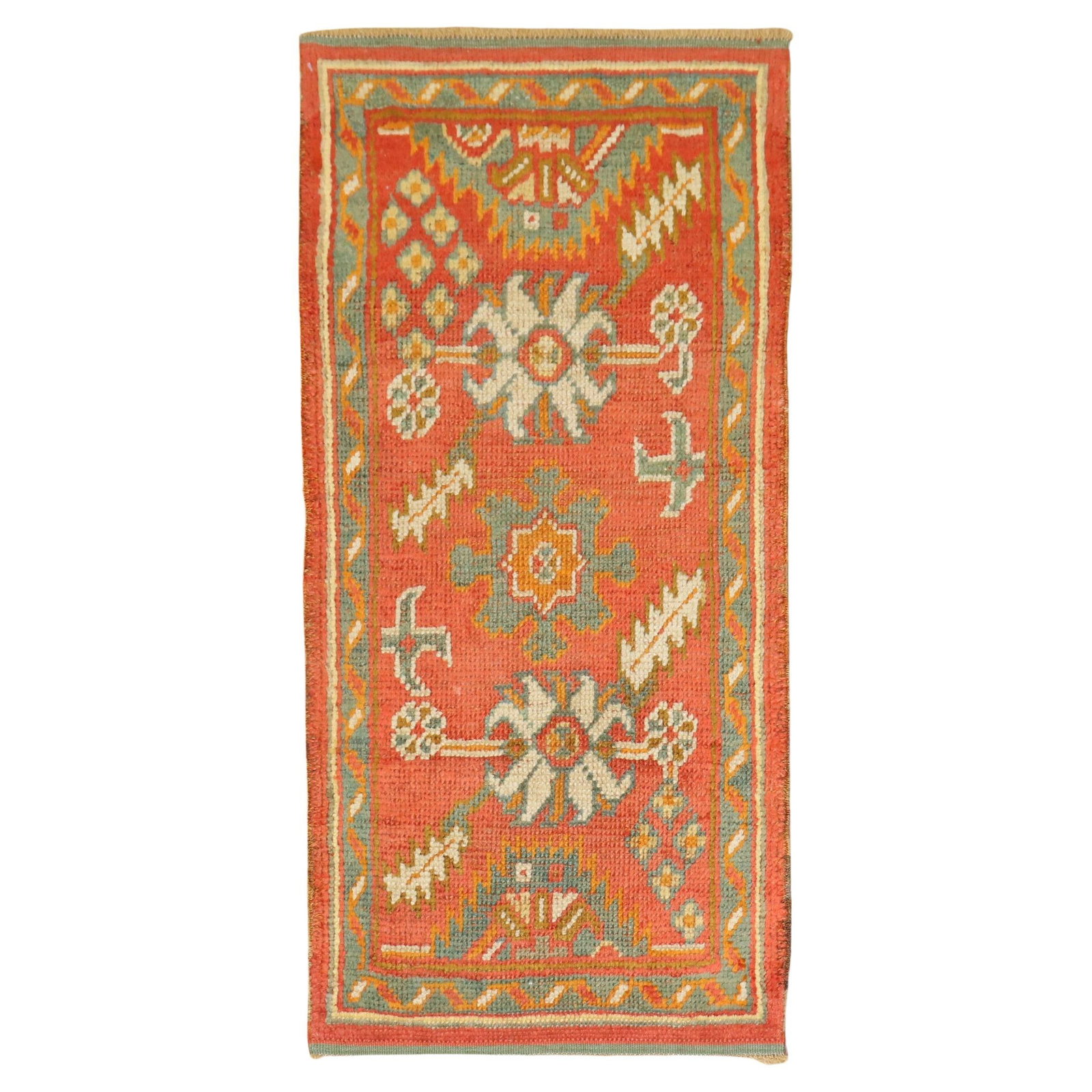 Vintage Orange Turkish Oushak Hand-Woven Rug circa 1910 24 x 49: Vintage Orange Turkish Oushak Hand-Woven Rug circa 1910 24 x 49 Discover a stunning antique Oushak throw rug, beautifully hand-woven from high-quality wool. This early 20th-century piece, crafted arou