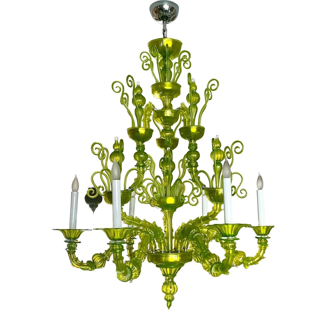 Chartreuse Murano Glass Italian Multi-Tier Chandelier 38 x 38 x 46 Inch: Chartreuse Murano Glass Italian Multi-Tier Chandelier 38 x 38 x 46 Inch This vintage Italian Murano glass chandelier captivates with its vibrant chartreuse color and monumental scale. Expertly handcra