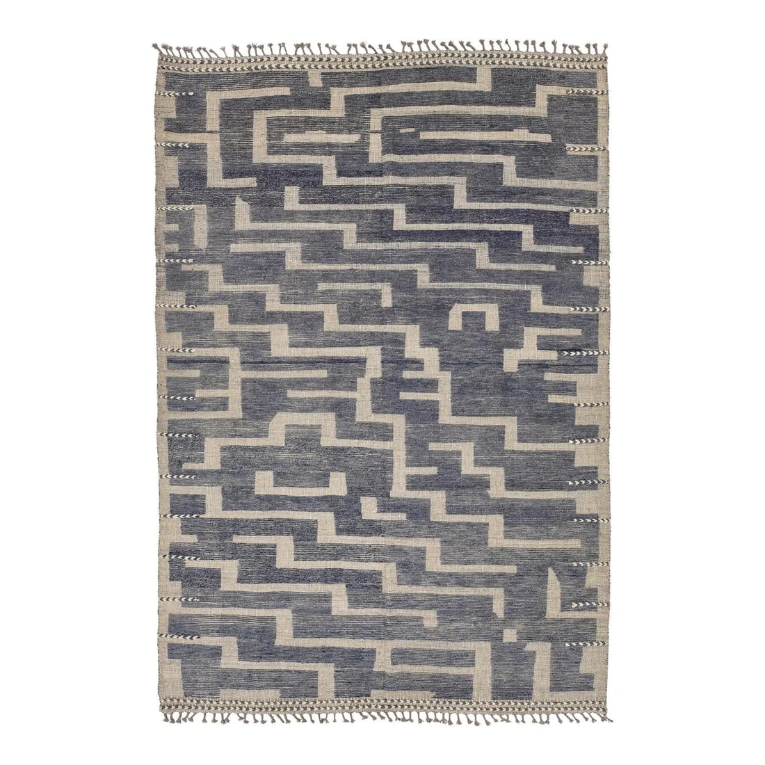 Handmade Wool Moroccan Maze Rug 9'11 x 14'5: Handmade Wool Moroccan Maze Rug 9'11 x 14'5 This handmade area rug showcases a modern Moroccan style with a striking geometric maze pattern in deep slate blue and natural cream. Expertly crafted from 