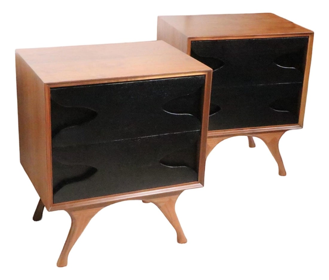 Set of Two Walnut Mid Century Nightstands With Black Drawer Fronts (1 of 10)