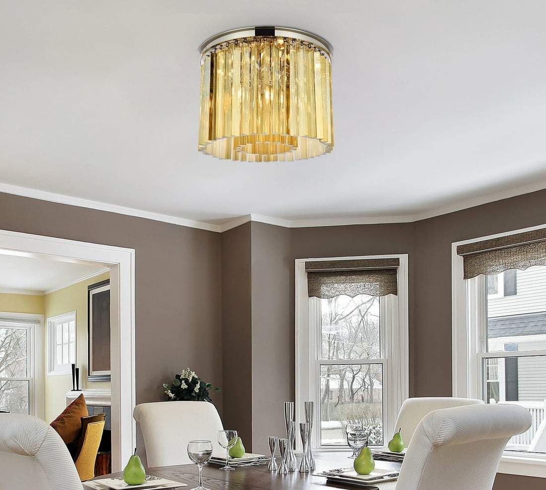 Sydney 6 Light Crystal Flush Mount Polished Nickel 20 in: Sydney 6 Light Crystal Flush Mount Polished Nickel 20 in Modern 6-light flush mount chandelier in a polished nickel finish with golden teak royal cut crystals. Designed for indoor use, it is hardwired