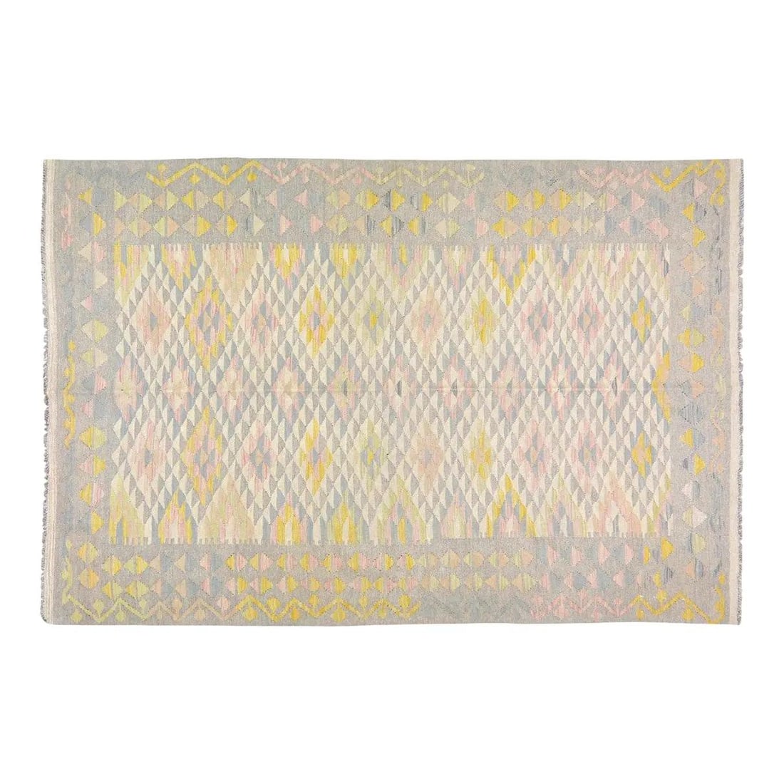 Handmade Wool Maimana Flatweave Area Rug 5'5'' x 8'1'': Handmade Wool Maimana Flatweave Area Rug 5'5'' x 8'1'' This Afghan Maimana flatweave rug is expertly hand-knotted from wool using traditional rug-making techniques. Its design combines timeless crafts