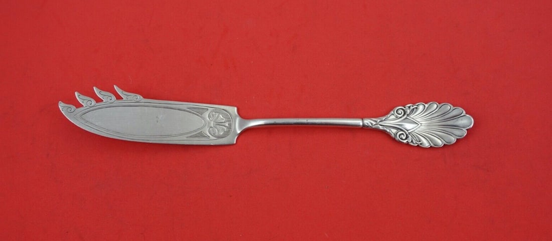 Grecian Pattern Gorham Coin Silver Cheese Knife with Monogram and 4-Prong Pick 7.5": Grecian Pattern Gorham Coin Silver Cheese Knife with Monogram and 4-Prong Pick 7.5" This exquisite cheese knife, crafted by Gorham, features the elegant Grecian pattern and is made of coin silver. It 