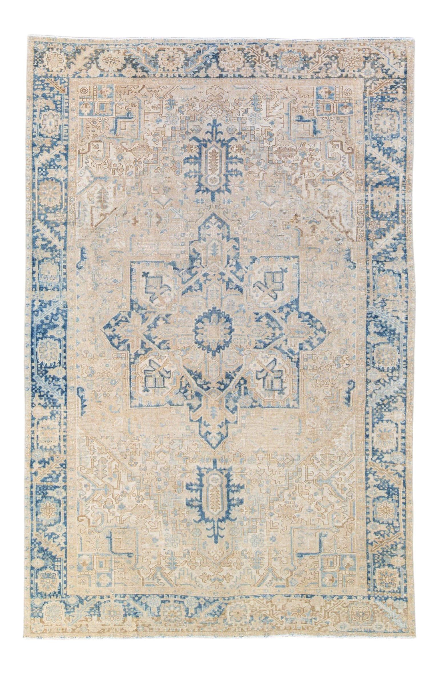 Antique Handmade Persian Heriz Wool Rug 7'8 x 11'7 Beige Blue Medallion: Antique Handmade Persian Heriz Wool Rug 7'8 x 11'7 Beige Blue Medallion Discover the elegance of this Antique Persian Heriz Handmade Medallion Wool Rug, showcasing a stunning beige field adorned with 