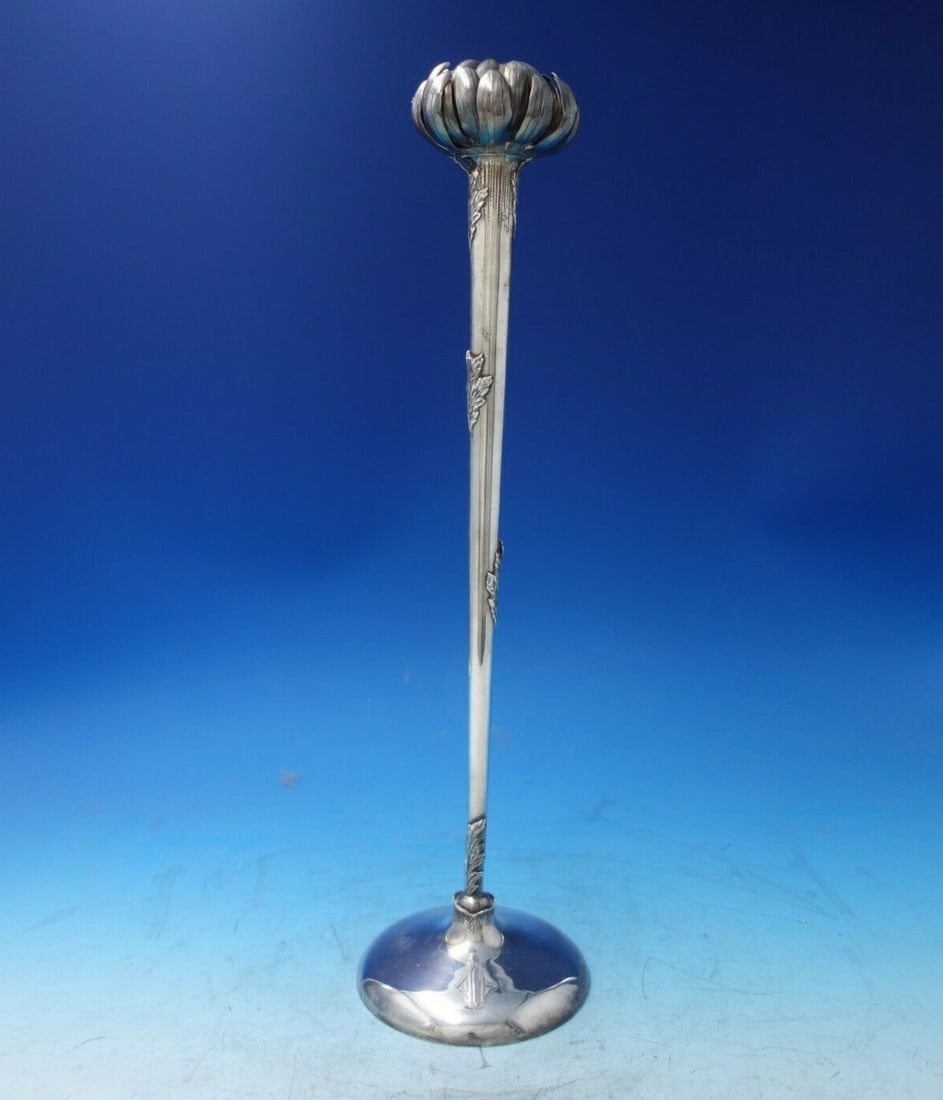 Black Starr Frost Sterling Silver Bud Vase 17" Chrysanthemum Design: Black Starr Frost Sterling Silver Bud Vase 17" Chrysanthemum Design This exquisite bud vase by Black Starr & Frost is crafted from high-quality sterling silver and showcases a stunning design featurin