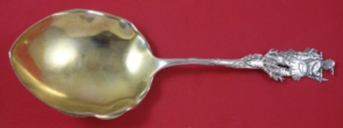 Gorham Nuremberg Sterling Silver Berry Serving Spoon 9 in GW: Gorham Nuremberg Sterling Silver Berry Serving Spoon 9 in GW Sterling silver berry spoon in the Nuremberg pattern by Gorham, featuring a gold washed bowl and a hunter carrying game handle motif in the