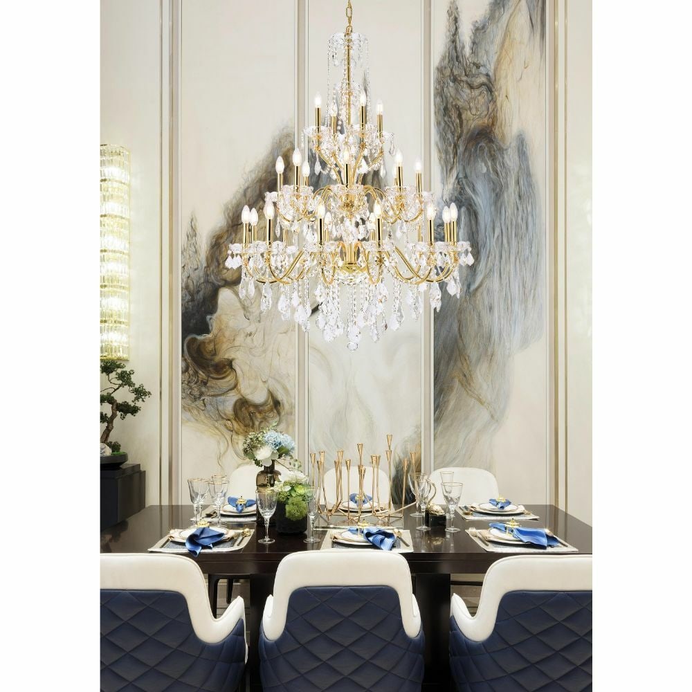 24 Light Gold Crystal Glass Chandelier St. Francis 49": 24 Light Gold Crystal Glass Chandelier St. Francis 49" Large French pendant crystal chandelier with 24 lights, designed for indoor use in a foyer, dining room, living room, bedroom, hallway, kitchen, 