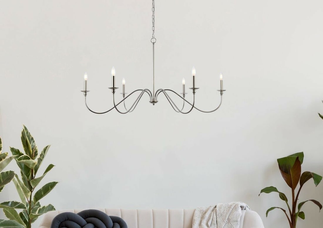 48 in Rohan 6 Light Chandelier LIVING DISTRICT Polished Nickel: 48 in Rohan 6 Light Chandelier LIVING DISTRICT Polished Nickel Polished nickel 6-light chandelier in a farmhouse style, designed for indoor use in dining rooms, living rooms, bedrooms, hallways, foyer