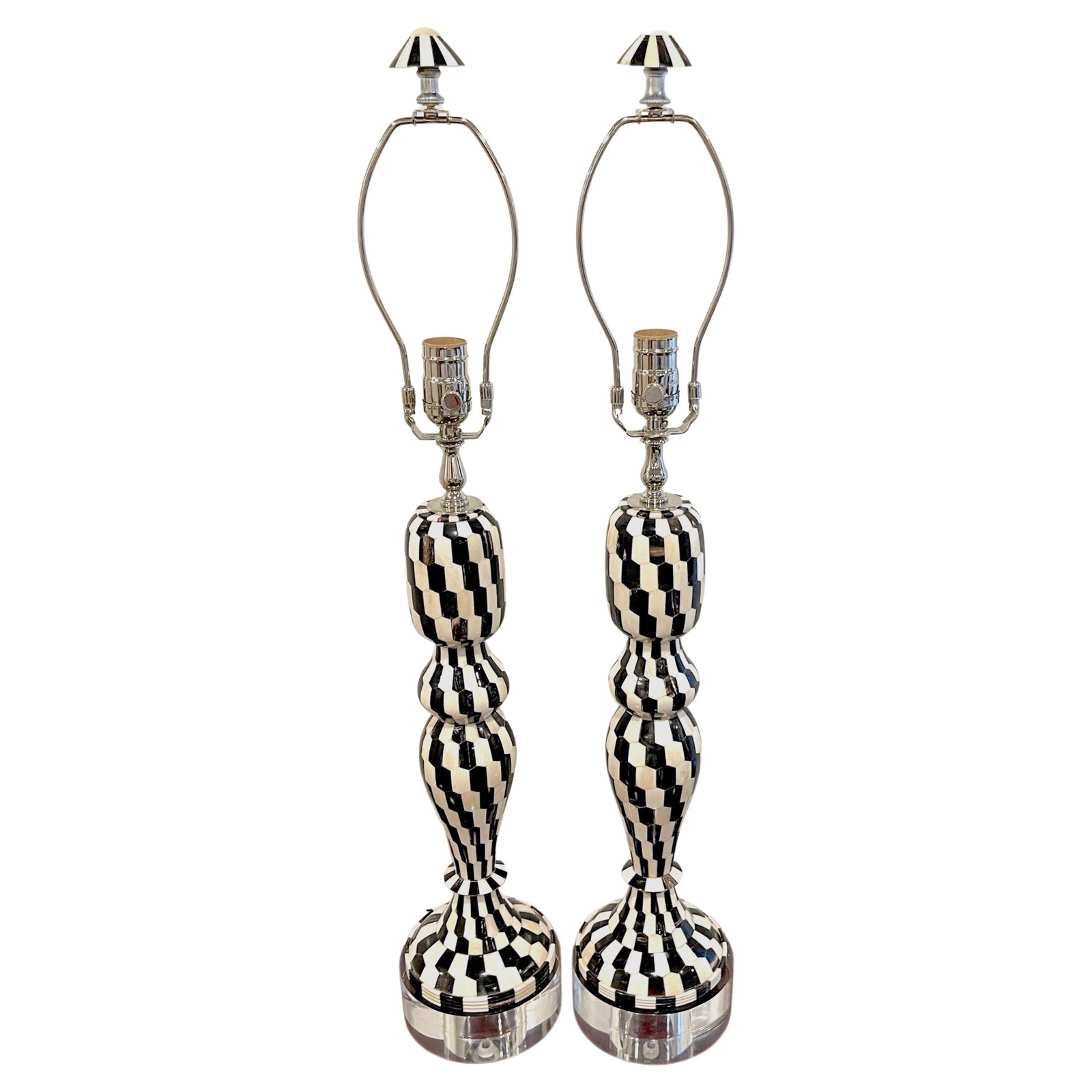 Set of 2 Modern Black & White Chevron Stone Lucite Lamps (1 of 12)