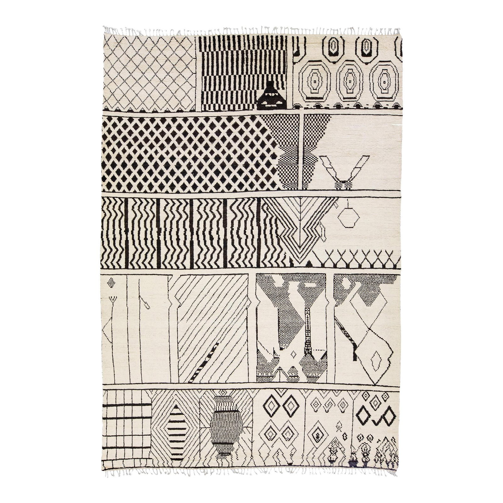 Modern Tribal Handmade Beige Wool Rug 9'10 x 14'3: Modern Tribal Handmade Beige Wool Rug 9'10 x 14'3 Experience the beauty of Moroccan design with this stunning hand-knotted wool rug. Featuring a beige field complemented by gray accents in an intricat