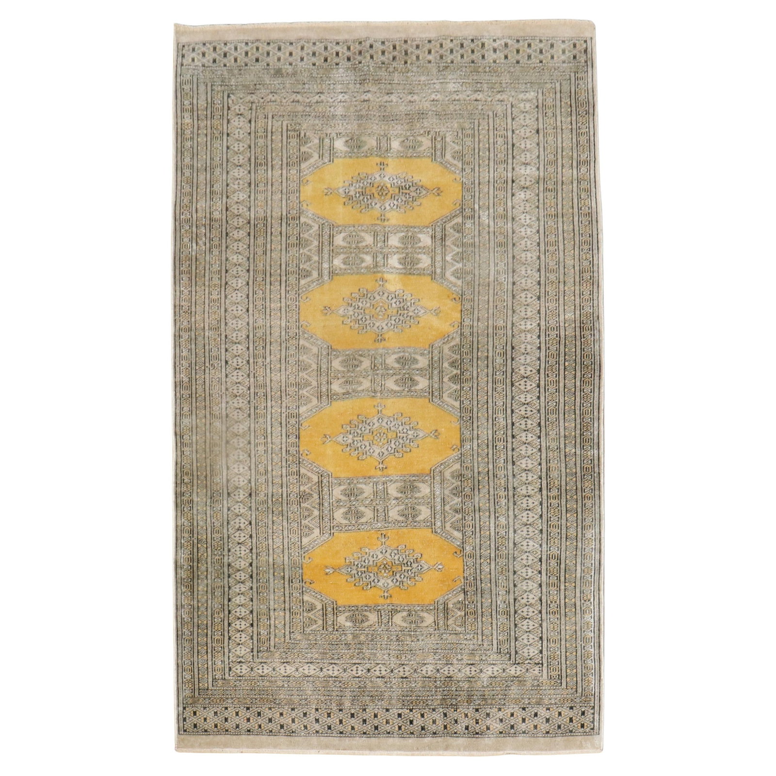 Mustard Hand-Knotted Wool Bokhara Tribal Rug 3'1" x 5'11" Afghan Vintage: Mustard Hand-Knotted Wool Bokhara Tribal Rug 3'1" x 5'11" Afghan Vintage This vintage Bokhara rug features a striking mustard color with a central medallion design, framed by multiple borders. Hand-kn