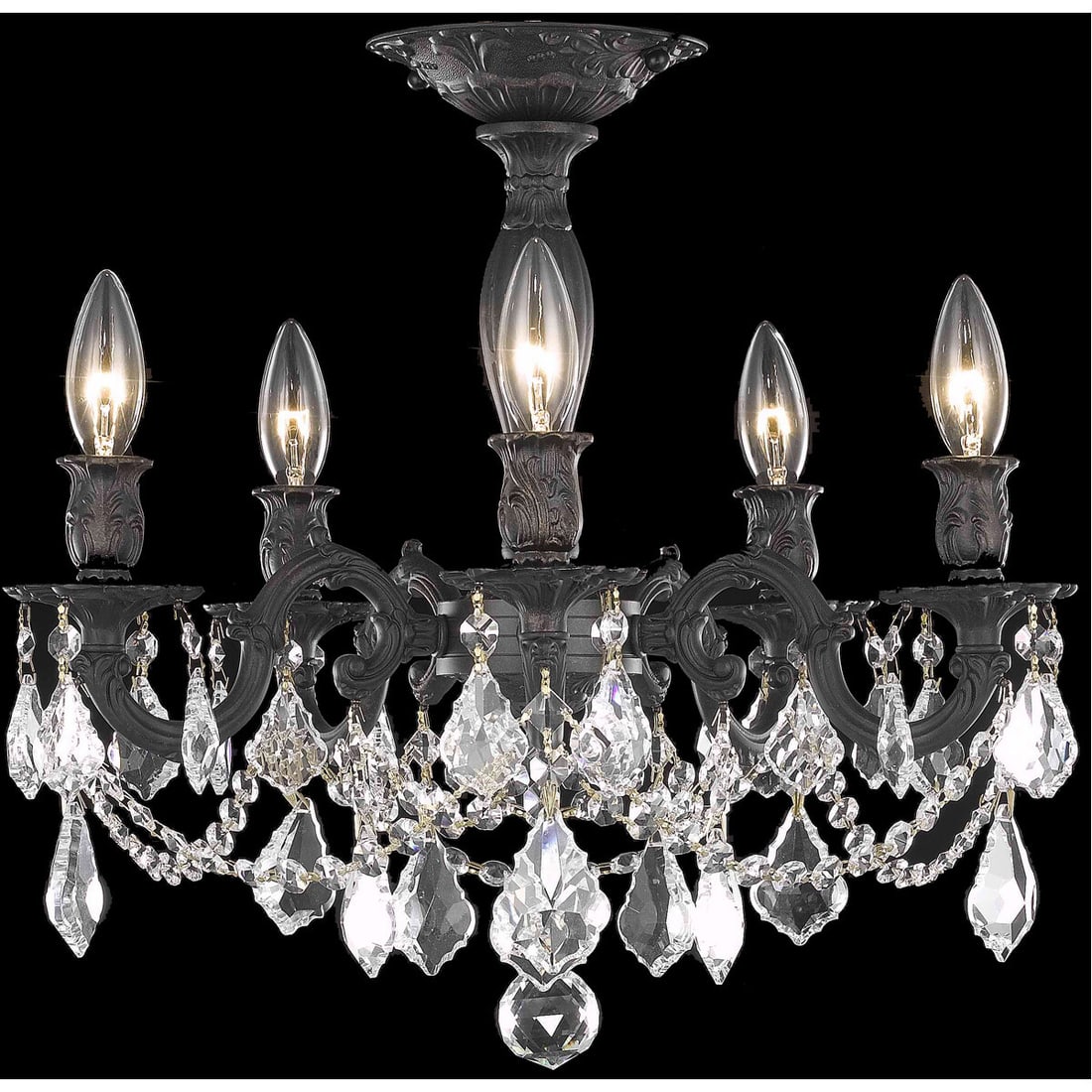 Rosalia 18 in 5 Light Dark Bronze Crystal Flush Mount: Rosalia 18 in 5 Light Dark Bronze Crystal Flush Mount Traditional 5-light flush mount chandelier with a dark bronze finish, clear royal cut crystals, and a steel frame. It is hardwired for indoor inst