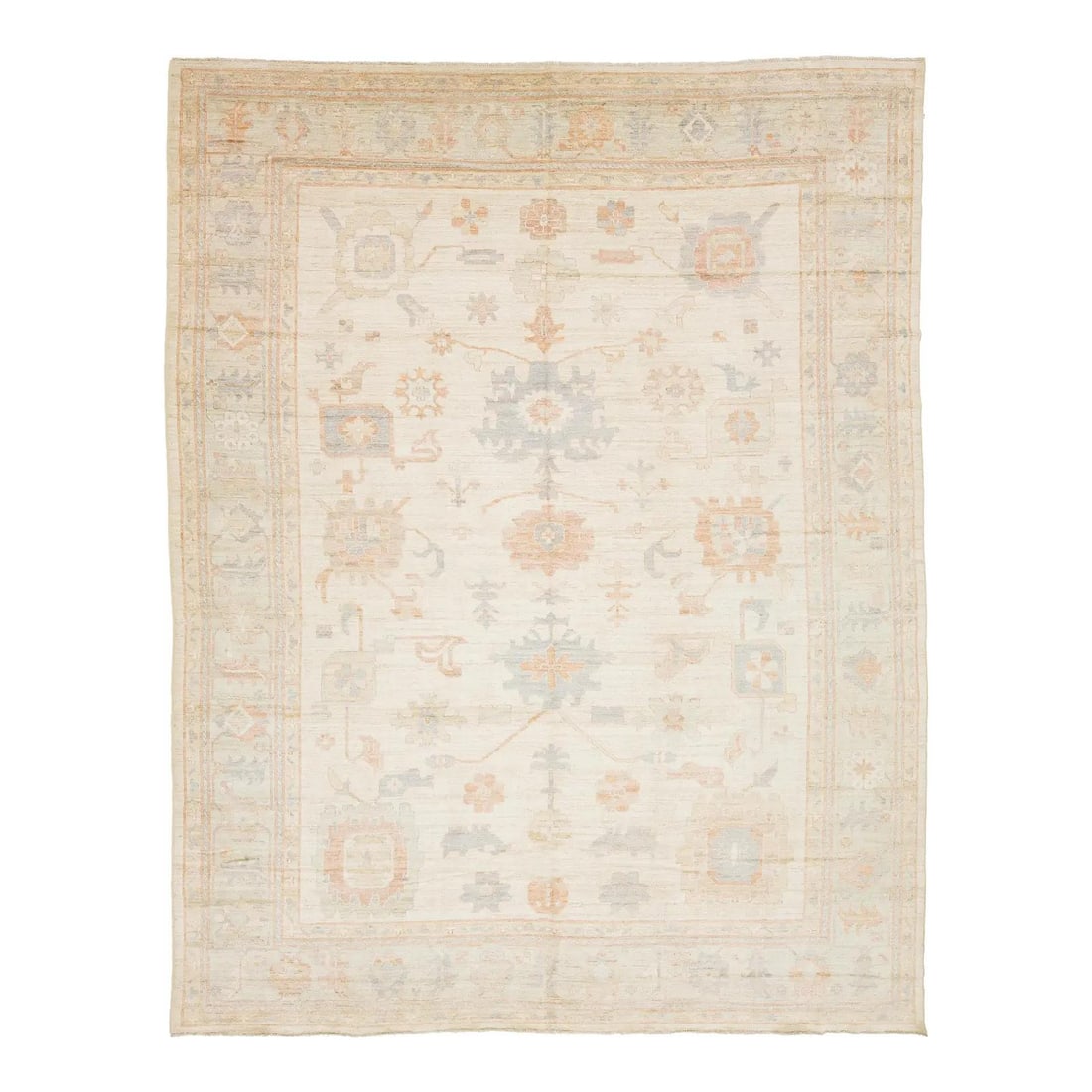Handmade Wool Oushak Style Rug 11'11 x 15'4 Ivory: Handmade Wool Oushak Style Rug 11'11 x 15'4 Ivory This Modern Oushak Style Handmade Wool Rug features a luminous ivory field with delicate geometric palmettes and floral motifs in soft terracotta, sla