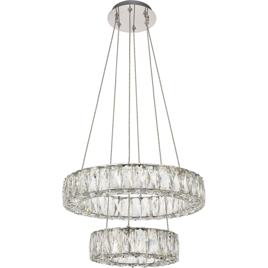 Monroe LED Crystal Chrome Chandelier 17.7 in Round: Monroe LED Crystal Chrome Chandelier 17.7 in Round Modern chrome crystal chandelier with a polished finish and a round shade shape. It features a stainless steel and crystal construction with royal cu