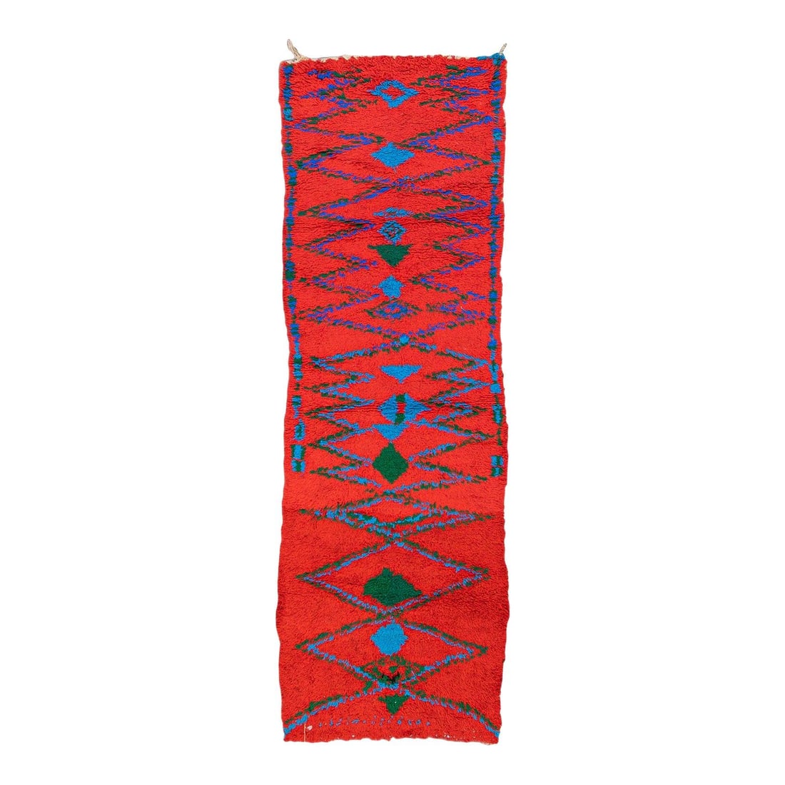 Vintage Beni Ourain Orange Berber Wool Runner 3'4 x 10'1: Vintage Beni Ourain Orange Berber Wool Runner 3'4 x 10'1 This stunning vintage Beni Ourain Moroccan runner showcases a vibrant bright orange field, beautifully hand-knotted from premium wool. The desi